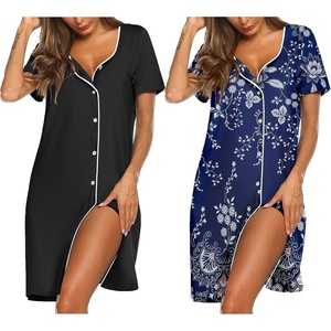 Ekouaer Nightgowns for Women 2 Pack Night Gowns Button Down Sleep Shirts | Soft Fabric,2 Pack Night Shirts,Short Sleeve Pajama Dress,Labor and Delivery Gown,Perfect for Sleep,Postpartum,Nursing(Black/Blue Vine)