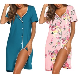 Ekouaer Nightgowns for Women 2 Pack Night Gowns Button Down Sleep Shirts | Soft Fabric,2 Pack Night Shirts,Short Sleeve Pajama Dress,Labor and Delivery Gown,Perfect for Sleep,Postpartum,Nursing(Blue Green/Pink Floral)