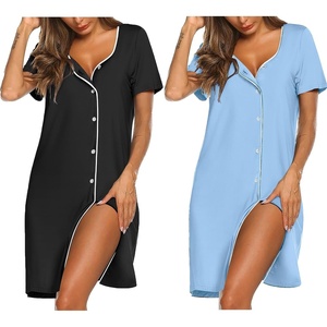 Ekouaer Nightgowns for Women 2 Pack Night Gowns Button Down Sleep Shirts | Soft Fabric,2 Pack Night Shirts,Short Sleeve Pajama Dress,Labor and Delivery Gown,Perfect for Sleep,Postpartum,Nursing(Black/Light Blue)