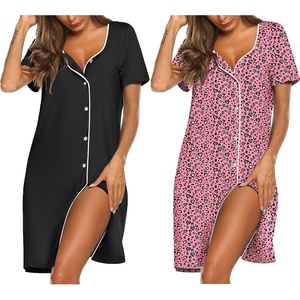 Ekouaer Nightgowns for Women 2 Pack Night Gowns Button Down Sleep Shirts | Soft Fabric,2 Pack Night Shirts,Short Sleeve Pajama Dress,Labor and Delivery Gown,Perfect for Sleep,Postpartum,Nursing(Black/Pink White Leopard)