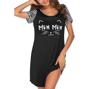 Ekouaer Nightgowns for Women Soft Sleep Shirts with Pockets Short Sleeves Printed Crewneck Nightshirt | Crew neck, above the Knee, lightweight & breathable, contrasting sleeves night dress for home/go out/sleep, S-3XL(Black Mew)