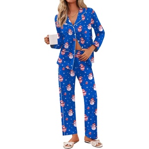 Ekouaer Pajamas For Women Set Button Down Sleepwear Long Pj Pant Lounge Set | 2 Pieces,Long Sleeve,Patch Pocket,Elastic Waistband,Soft,Breathable,Lightweight,Fall and Winter(Blue Snowman)