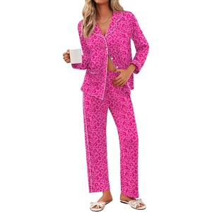Ekouaer Pajamas For Women Set Button Down Sleepwear Long Pj Pant Lounge Set | 2 Pieces,Long Sleeve,Patch Pocket,Elastic Waistband,Soft,Breathable,Lightweight,Fall and Winter(Hot Pink Leopard)