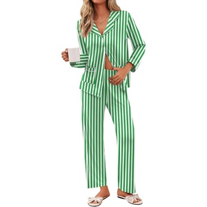 Ekouaer Pajamas For Women Set Button Down Sleepwear Long Pj Pant Lounge Set | 2 Pieces,Long Sleeve,Patch Pocket,Elastic Waistband,Soft,Breathable,Lightweight,Fall and Winter(Green Striped)