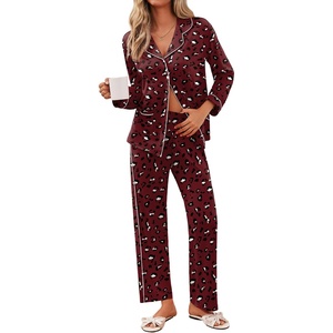 Ekouaer Pajamas For Women Set Button Down Sleepwear Long Pj Pant Lounge Set | 2 Pieces,Long Sleeve,Patch Pocket,Elastic Waistband,Soft,Breathable,Lightweight,Fall and Winter(Wine Red Cheetah)