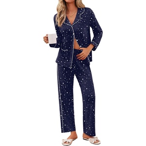 Ekouaer Pajamas For Women Set Button Down Sleepwear Long Pj Pant Lounge Set | 2 Pieces,Long Sleeve,Patch Pocket,Elastic Waistband,Soft,Breathable,Lightweight,Fall and Winter(Navy Star)