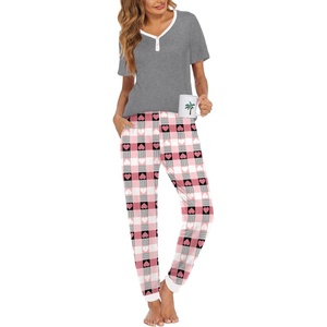 Ekouaer Pajamas for Women Set 2 Piece Fall Sleepwear with Pockets | Soft Ladies Pajama Sets, Matching Pjs, Short Sleeve Lounge Sets, Joggers Long Pants, Casual Loungewear(Gery-heart Plaid)