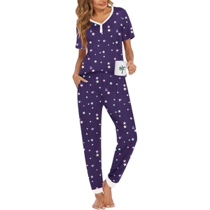 Ekouaer Pajamas for Women Set 2 Piece Fall Sleepwear with Pockets | Soft Ladies Pajama Sets, Matching Pjs, Short Sleeve Lounge Sets, Joggers Long Pants, Casual Loungewear(Purple-star)