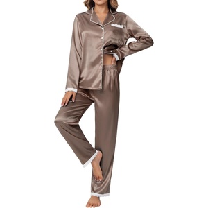 Ekouaer Satin Pajamas for Women Silk Long Sleeve Sleepwear Button Down Loungewear 2 Pieces Lace Soft Pjs Set(Brown)