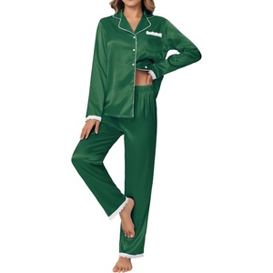 Ekouaer Satin Pajamas for Women Silk Long Sleeve Sleepwear Button Down Loungewear 2 Pieces Lace Soft Pjs Set(Deep Green)
