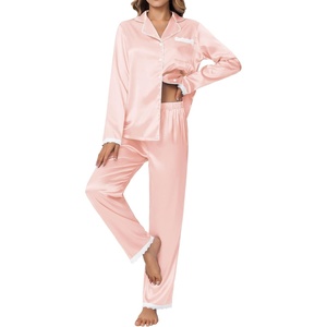 Ekouaer Satin Pajamas for Women Silk Long Sleeve Sleepwear Button Down Loungewear 2 Pieces Lace Soft Pjs Set(Pink)