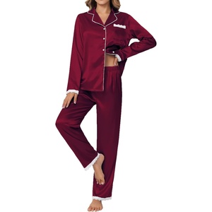 Ekouaer Satin Pajamas for Women Silk Long Sleeve Sleepwear Button Down Loungewear 2 Pieces Lace Soft Pjs Set(Wine Red)