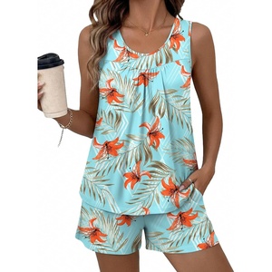 Ekouaer Women Sleeveless Pajama Set Summer Tank Top Pjs 2 Piece Lounge Set | Side Pockets, Cami Tank, Daily Loungewear, Floral Print, Travel Sleepwear, Ideal for Birthday Gift(Plants and Flowers/Blue/Red)
