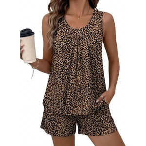 Ekouaer Women Sleeveless Pajama Set Summer Tank Top Pjs 2 Piece Lounge Set | Side Pockets, Cami Tank, Daily Loungewear, Floral Print, Travel Sleepwear, Ideal for Birthday Gift(Leopard Print)