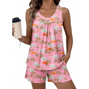 Ekouaer Women Sleeveless Pajama Set Summer Tank Top Pjs 2 Piece Lounge Set | Side Pockets, Cami Tank, Daily Loungewear, Floral Print, Travel Sleepwear, Ideal for Birthday Gift(Coconut Waves/Pink)