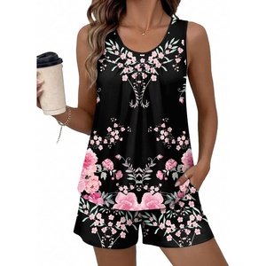 Ekouaer Women Sleeveless Pajama Set Summer Tank Top Pjs 2 Piece Lounge Set | Side Pockets, Cami Tank, Daily Loungewear, Floral Print, Travel Sleepwear, Ideal for Birthday Gift(Large Floral/Blac)