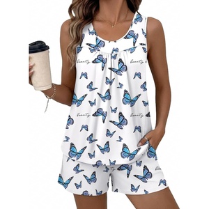 Ekouaer Women Sleeveless Pajama Set Summer Tank Top Pjs 2 Piece Lounge Set | Side Pockets, Cami Tank, Daily Loungewear, Floral Print, Travel Sleepwear, Ideal for Birthday Gift(Butterfly Beauty)