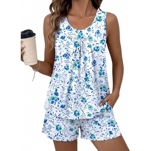 Ekouaer Women Sleeveless Pajama Set Summer Tank Top Pjs 2 Piece Lounge Set | Side Pockets, Cami Tank, Daily Loungewear, Floral Print, Travel Sleepwear, Ideal for Birthday Gift(Abstract Floral Patterns/Blue/Green)