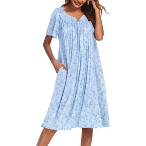 Ekouaer Women’s House Dress with Pockets | Nightgowns for Women Short Sleeve Moo Moos Floral Night Gown for Old Lady, Elderly, Grandma, on Mother’s Day, Home, Garden(Blue White Floral)