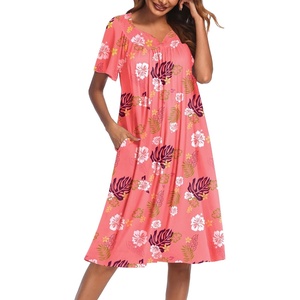 Ekouaer Women’s House Dress with Pockets | Nightgowns for Women Short Sleeve Moo Moos Floral Night Gown for Old Lady, Elderly, Grandma, on Mother’s Day, Home, Garden(Pink Leaf)