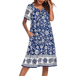 Ekouaer Women’s House Dress with Pockets | Nightgowns for Women Short Sleeve Moo Moos Floral Night Gown for Old Lady, Elderly, Grandma, on Mother’s Day, Home, Garden(White Boho)