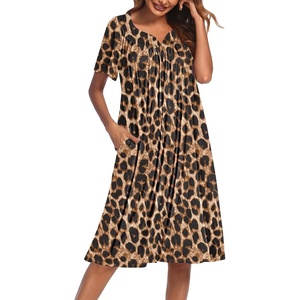 Ekouaer Women’s House Dress with Pockets | Nightgowns for Women Short Sleeve Moo Moos Floral Night Gown for Old Lady, Elderly, Grandma, on Mother’s Day, Home, Garden(Leopard Print)