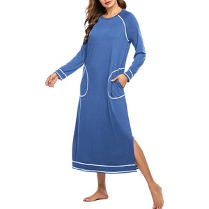 Ekouaer Women’s Long Sleeve Nightgown Full Length Nightshirt with Pockets | warm ankle length sleep dress, winter sleepwear, loose nightgown, lounging dress, vacation maxi long dress, maternity gown(A-blue)