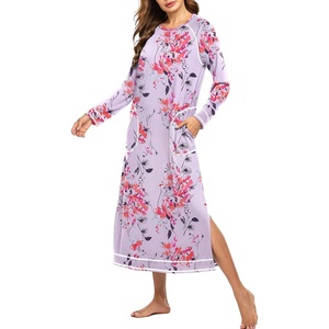 Ekouaer Women’s Long Sleeve Nightgown Full Length Nightshirt with Pockets | warm ankle length sleep dress, winter sleepwear, loose nightgown, lounging dress, vacation maxi long dress, maternity gown(A_floral Lilac)