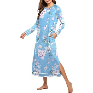 Ekouaer Women’s Long Sleeve Nightgown Full Length Nightshirt with Pockets | warm ankle length sleep dress, winter sleepwear, loose nightgown, lounging dress, vacation maxi long dress, maternity gown(A_floral Light Blue)