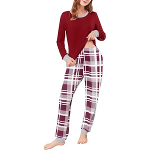 Ekouaer Womens Pajamas Sets Long Sleeve Tops with Jogger Pants | Two-Piece Plaid Sleepwear, Soft Pjs, Fall Lounge Set, Casual Outfits with Pockets, Round Neck(Wine Red Plaid)