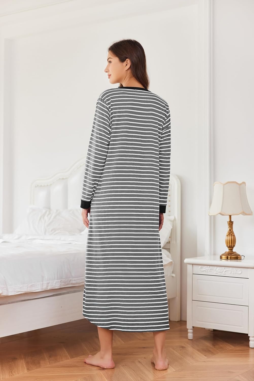 image:imageEkouaer Nightgowns for Women Long Sleeve Winter Night Gown with Pockets Long Nightgown Plus Size Lounge Dress Button Down Sleepshirts V Neck Night Shirt Warm Sleepwear Full Length LoungewearGrey White Striped