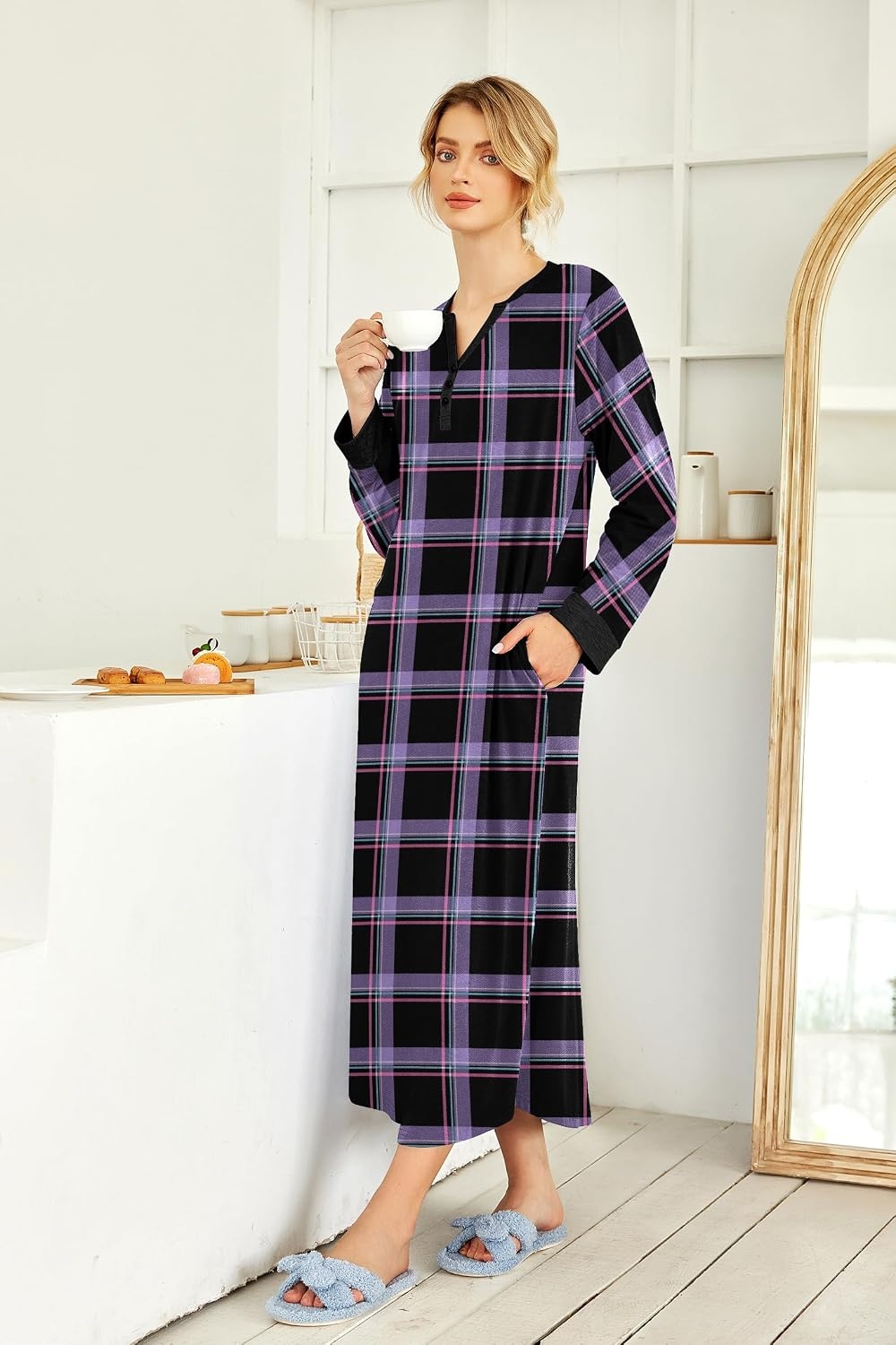 image:imageEkouaer Nightgowns for Women Long Sleeve Winter Night Gown with Pockets Long Nightgown Plus Size Lounge Dress Button Down Sleepshirts V Neck Night Shirt Warm Sleepwear Full Length LoungewearPurple Plaid