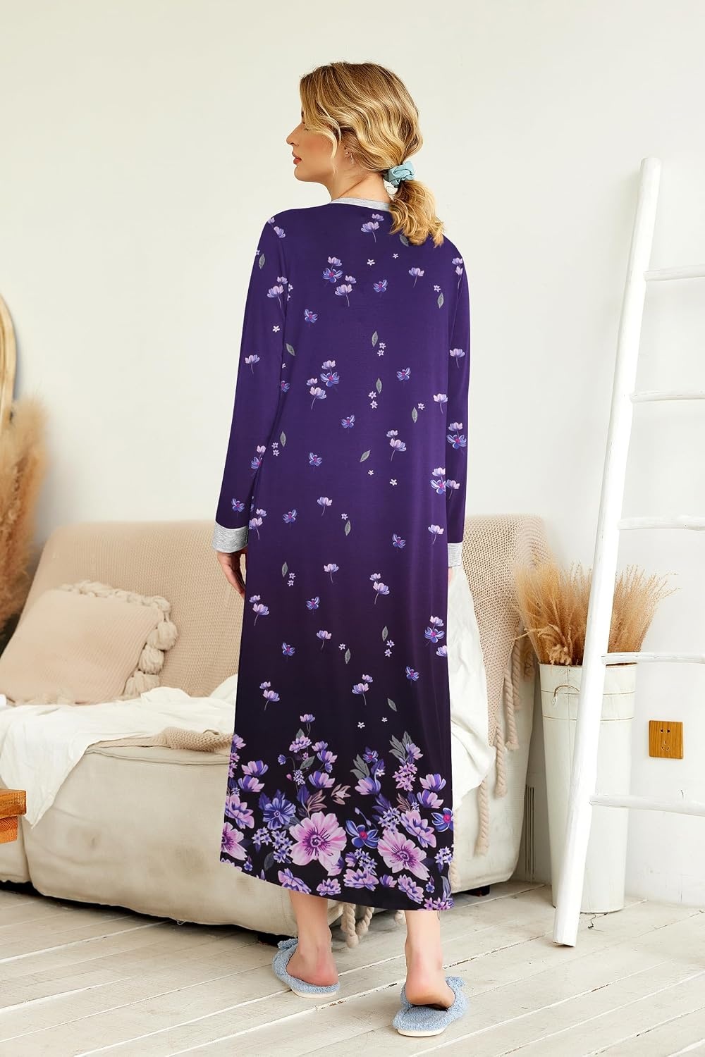 image:imageEkouaer Nightgowns for Women Long Sleeve Winter Night Gown with Pockets Long Nightgown Plus Size Lounge Dress Button Down Sleepshirts V Neck Night Shirt Warm Sleepwear Full Length LoungewearPurple Flower