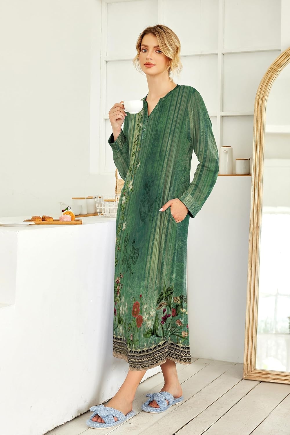 image:imageEkouaer Nightgowns for Women Long Sleeve Winter Night Gown with Pockets Long Nightgown Plus Size Lounge Dress Button Down Sleepshirts V Neck Night Shirt Warm Sleepwear Full Length LoungewearGreen Floral