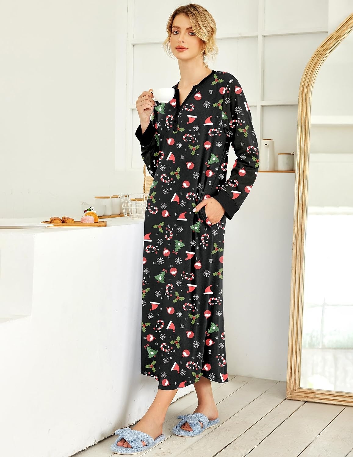image:imageEkouaer Nightgowns for Women Long Sleeve Winter Night Gown with Pockets Long Nightgown Plus Size Lounge Dress Button Down Sleepshirts V Neck Night Shirt Warm Sleepwear Full Length LoungewearChirstmas Black