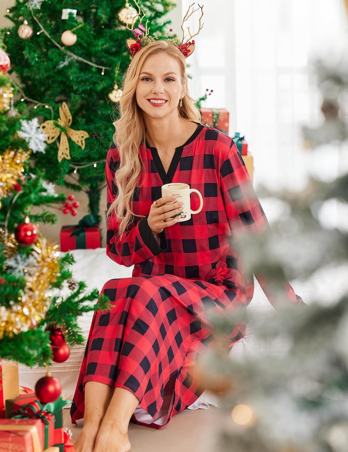 image:imageEkouaer Nightgowns for Women Long Sleeve Winter Night Gown with Pockets Long Nightgown Plus Size Lounge Dress Button Down Sleepshirts V Neck Night Shirt Warm Sleepwear Full Length LoungewearRed Plaid