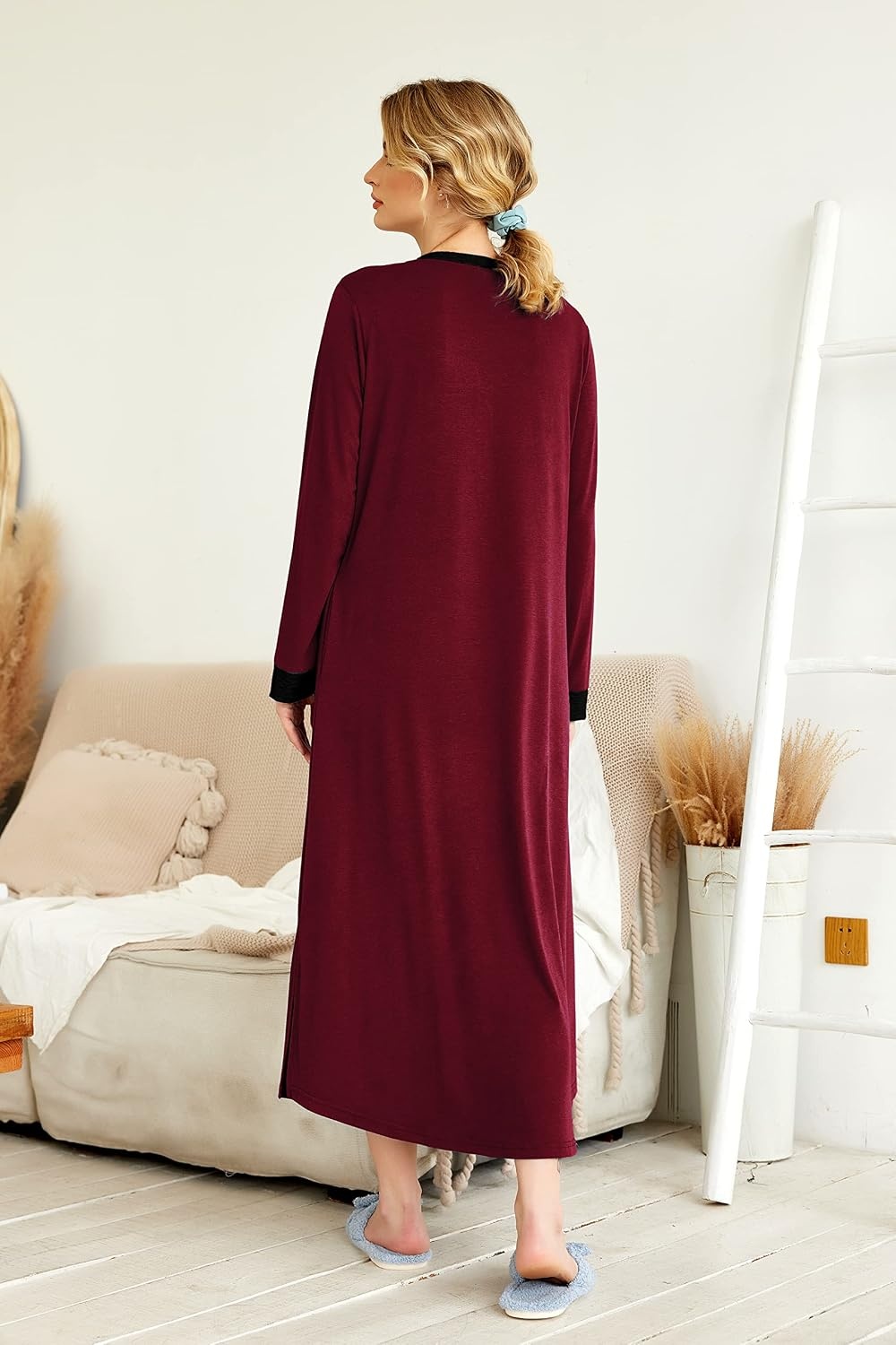 image:imageEkouaer Nightgowns for Women Long Sleeve Winter Night Gown with Pockets Long Nightgown Plus Size Lounge Dress Button Down Sleepshirts V Neck Night Shirt Warm Sleepwear Full Length LoungewearWine Red