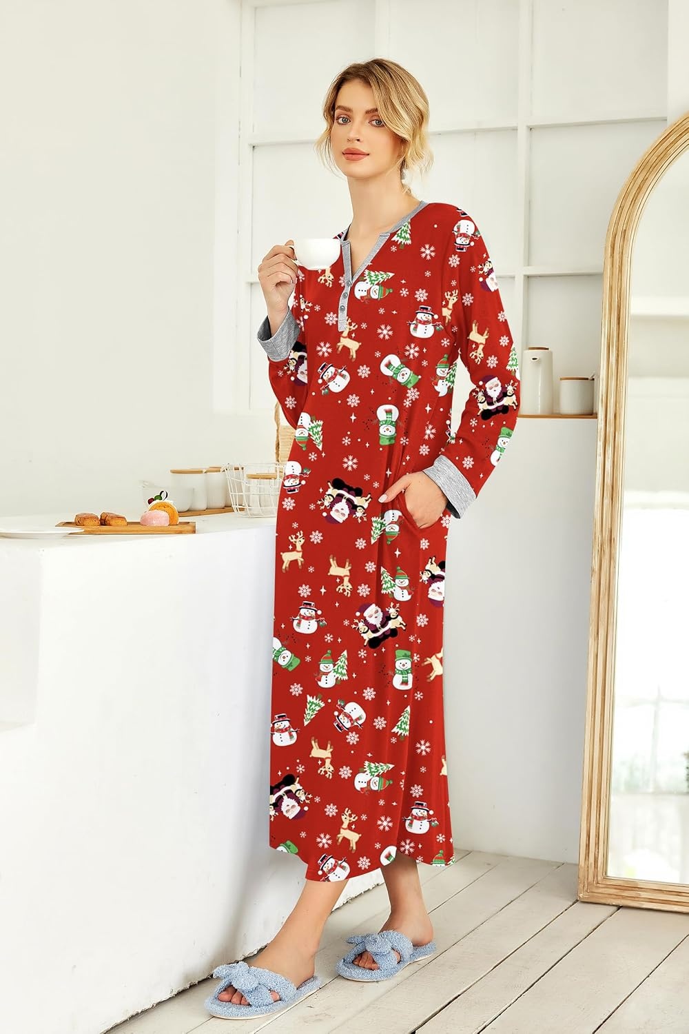 image:imageEkouaer Nightgowns for Women Long Sleeve Winter Night Gown with Pockets Long Nightgown Plus Size Lounge Dress Button Down Sleepshirts V Neck Night Shirt Warm Sleepwear Full Length LoungewearChristmas Red With Santa