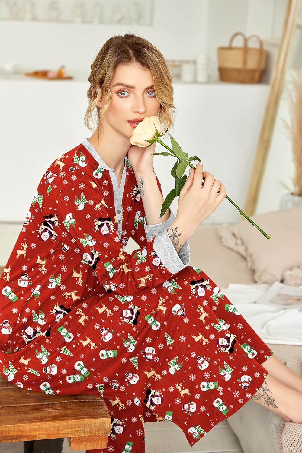 image:imageEkouaer Nightgowns for Women Long Sleeve Winter Night Gown with Pockets Long Nightgown Plus Size Lounge Dress Button Down Sleepshirts V Neck Night Shirt Warm Sleepwear Full Length LoungewearChristmas Red With Santa