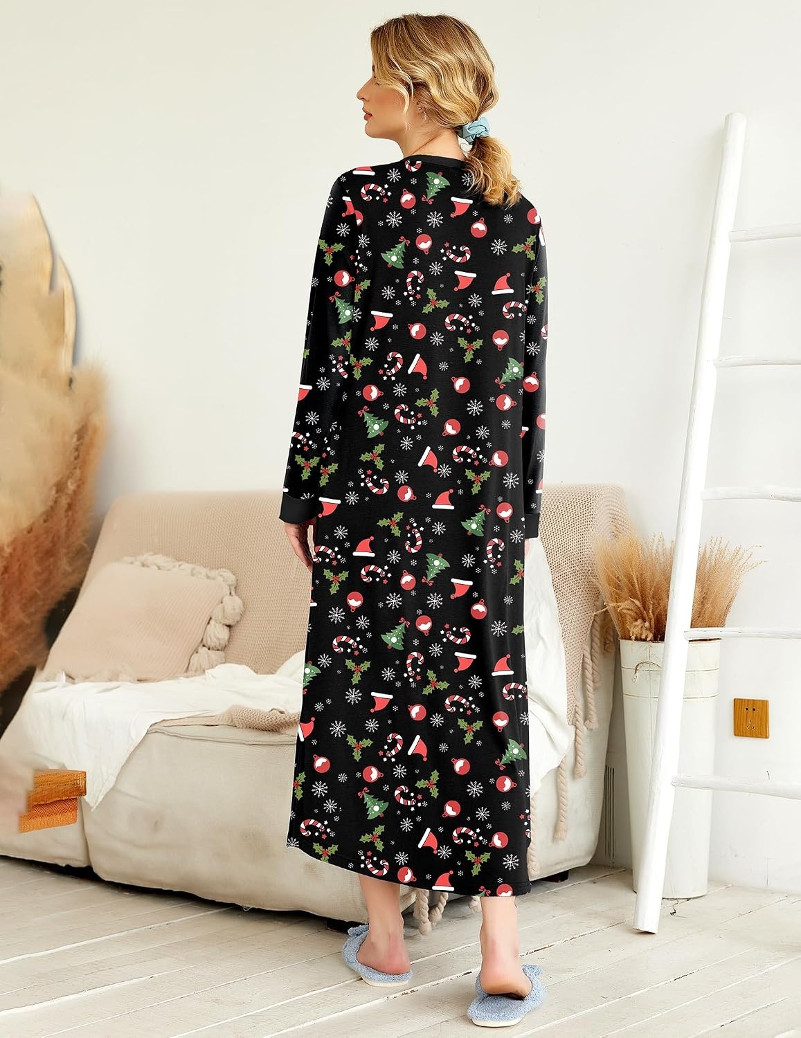 image:imageEkouaer Nightgowns for Women Long Sleeve Winter Night Gown with Pockets Long Nightgown Plus Size Lounge Dress Button Down Sleepshirts V Neck Night Shirt Warm Sleepwear Full Length LoungewearChirstmas Black