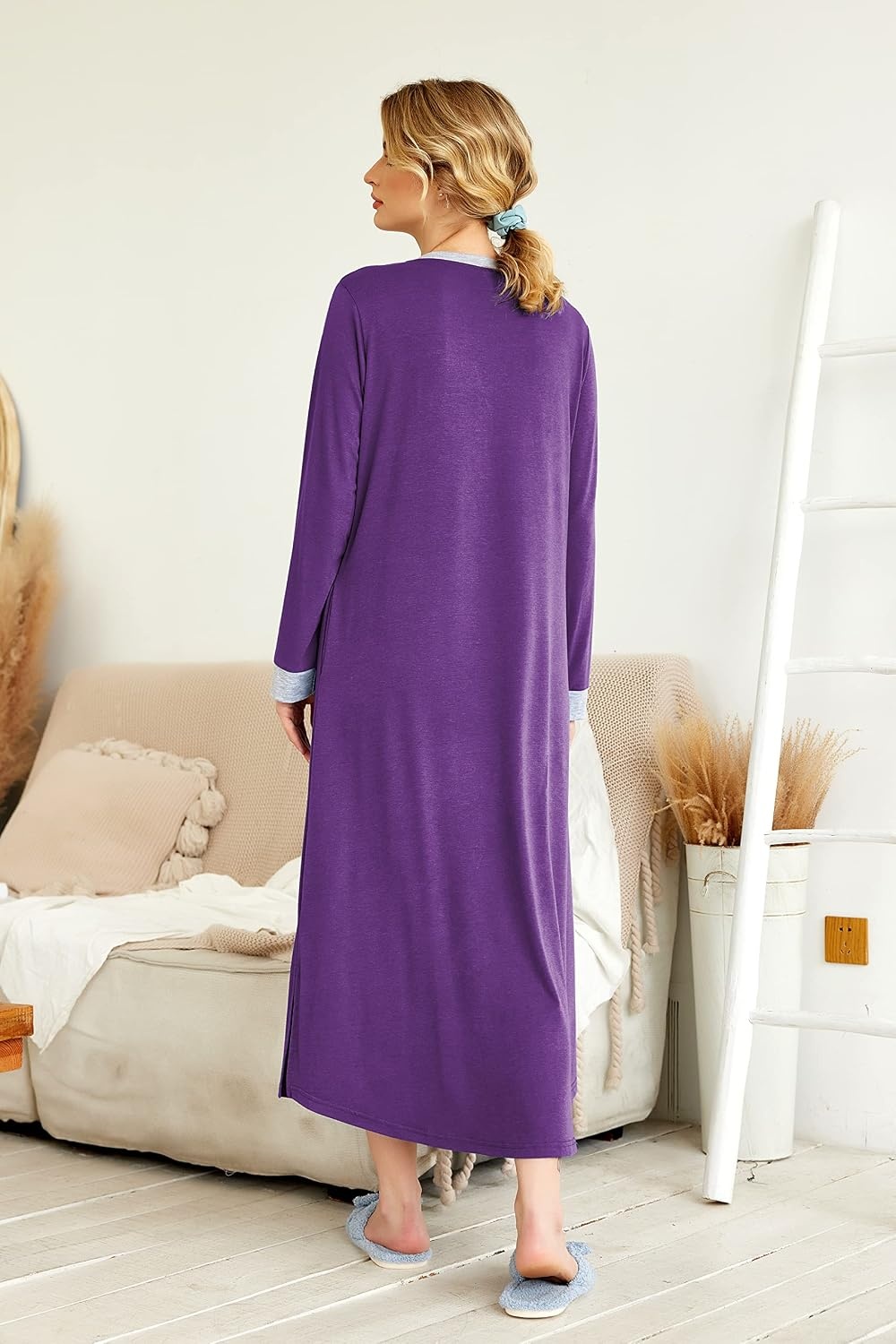 image:imageEkouaer Nightgowns for Women Long Sleeve Winter Night Gown with Pockets Long Nightgown Plus Size Lounge Dress Button Down Sleepshirts V Neck Night Shirt Warm Sleepwear Full Length LoungewearPurple