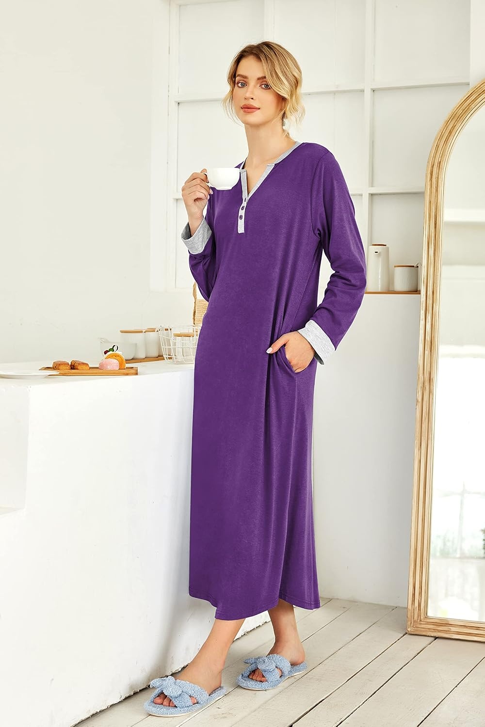 image:imageEkouaer Nightgowns for Women Long Sleeve Winter Night Gown with Pockets Long Nightgown Plus Size Lounge Dress Button Down Sleepshirts V Neck Night Shirt Warm Sleepwear Full Length LoungewearPurple