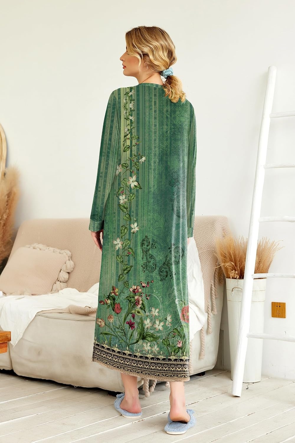 image:imageEkouaer Nightgowns for Women Long Sleeve Winter Night Gown with Pockets Long Nightgown Plus Size Lounge Dress Button Down Sleepshirts V Neck Night Shirt Warm Sleepwear Full Length LoungewearGreen Floral