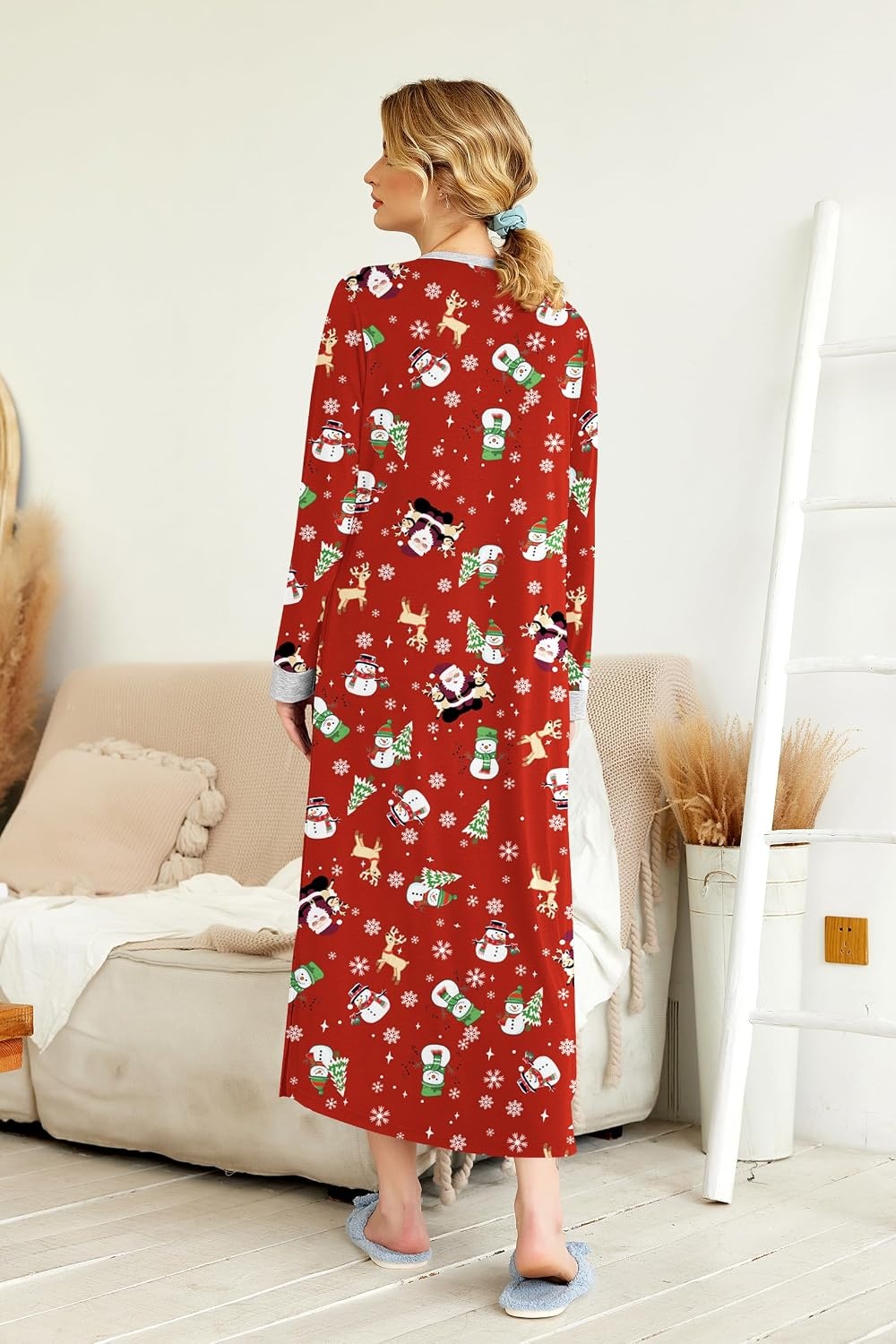 image:imageEkouaer Nightgowns for Women Long Sleeve Winter Night Gown with Pockets Long Nightgown Plus Size Lounge Dress Button Down Sleepshirts V Neck Night Shirt Warm Sleepwear Full Length LoungewearChristmas Red With Santa