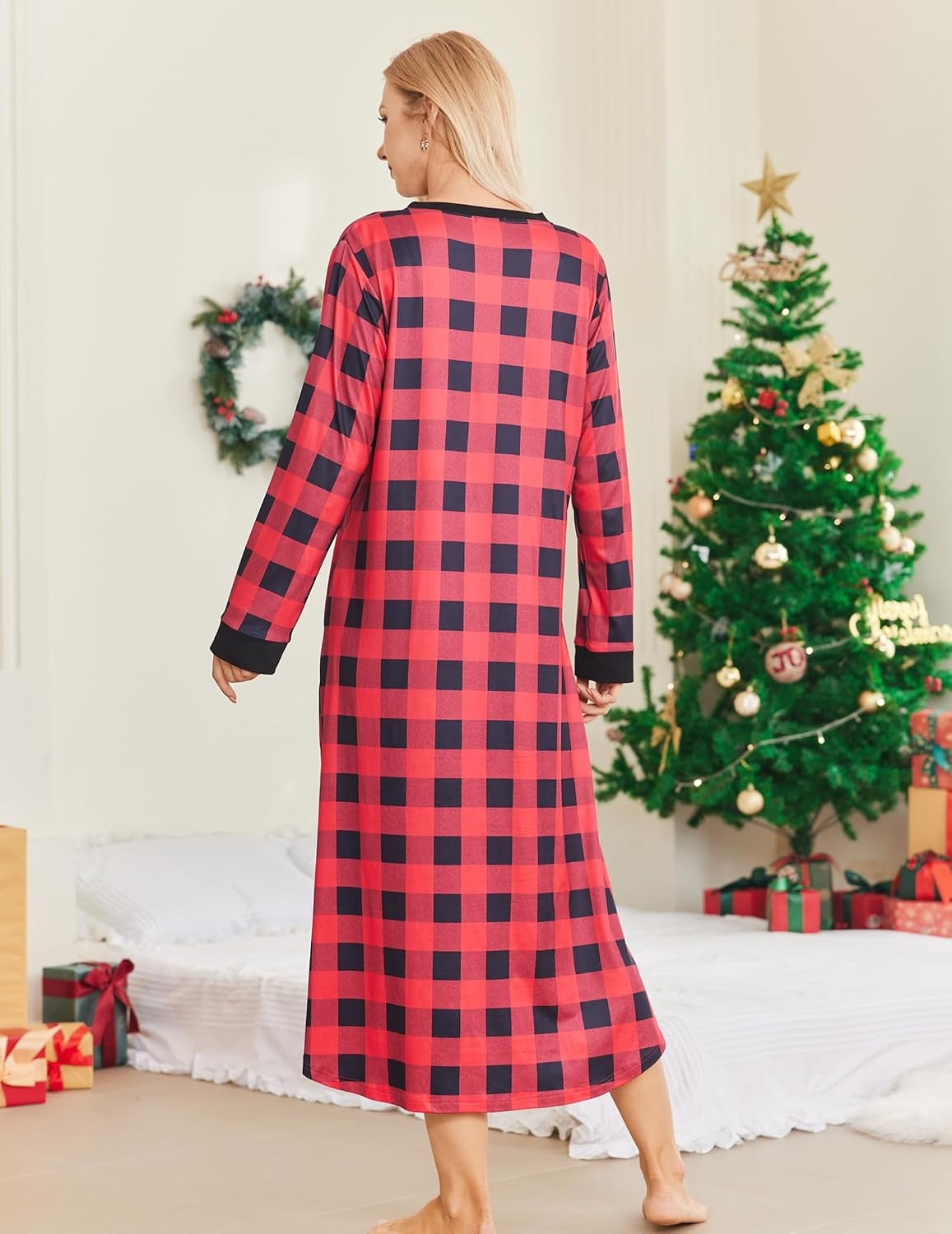 image:imageEkouaer Nightgowns for Women Long Sleeve Winter Night Gown with Pockets Long Nightgown Plus Size Lounge Dress Button Down Sleepshirts V Neck Night Shirt Warm Sleepwear Full Length LoungewearRed Plaid