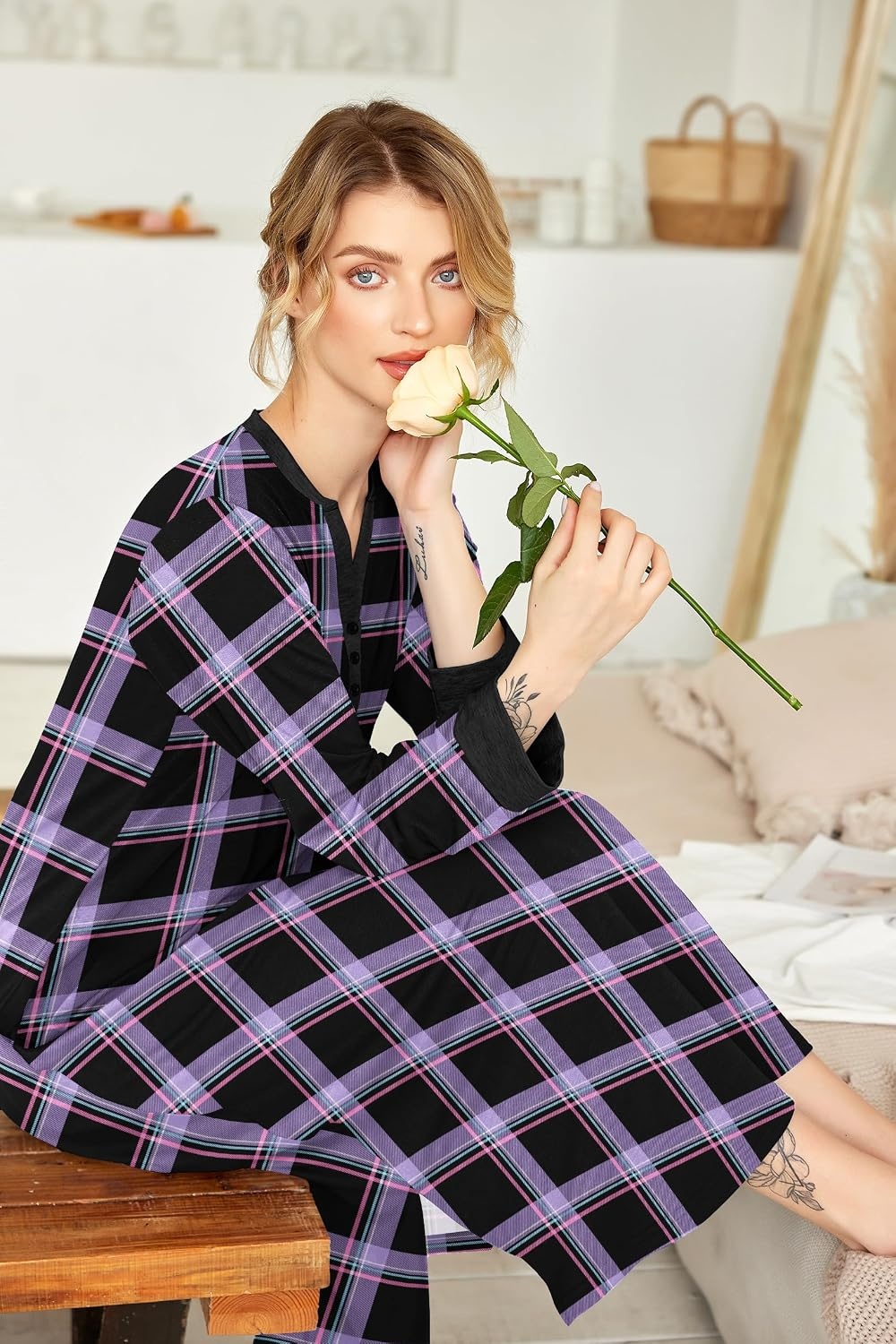image:imageEkouaer Nightgowns for Women Long Sleeve Winter Night Gown with Pockets Long Nightgown Plus Size Lounge Dress Button Down Sleepshirts V Neck Night Shirt Warm Sleepwear Full Length LoungewearPurple Plaid