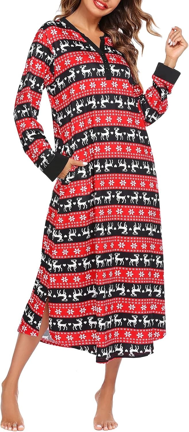 image:imageEkouaer Nightgowns for Women Long Sleeve Winter Night Gown with Pockets Long Nightgown Plus Size Lounge Dress Button Down Sleepshirts V Neck Night Shirt Warm Sleepwear Full Length LoungewearChristmas Red