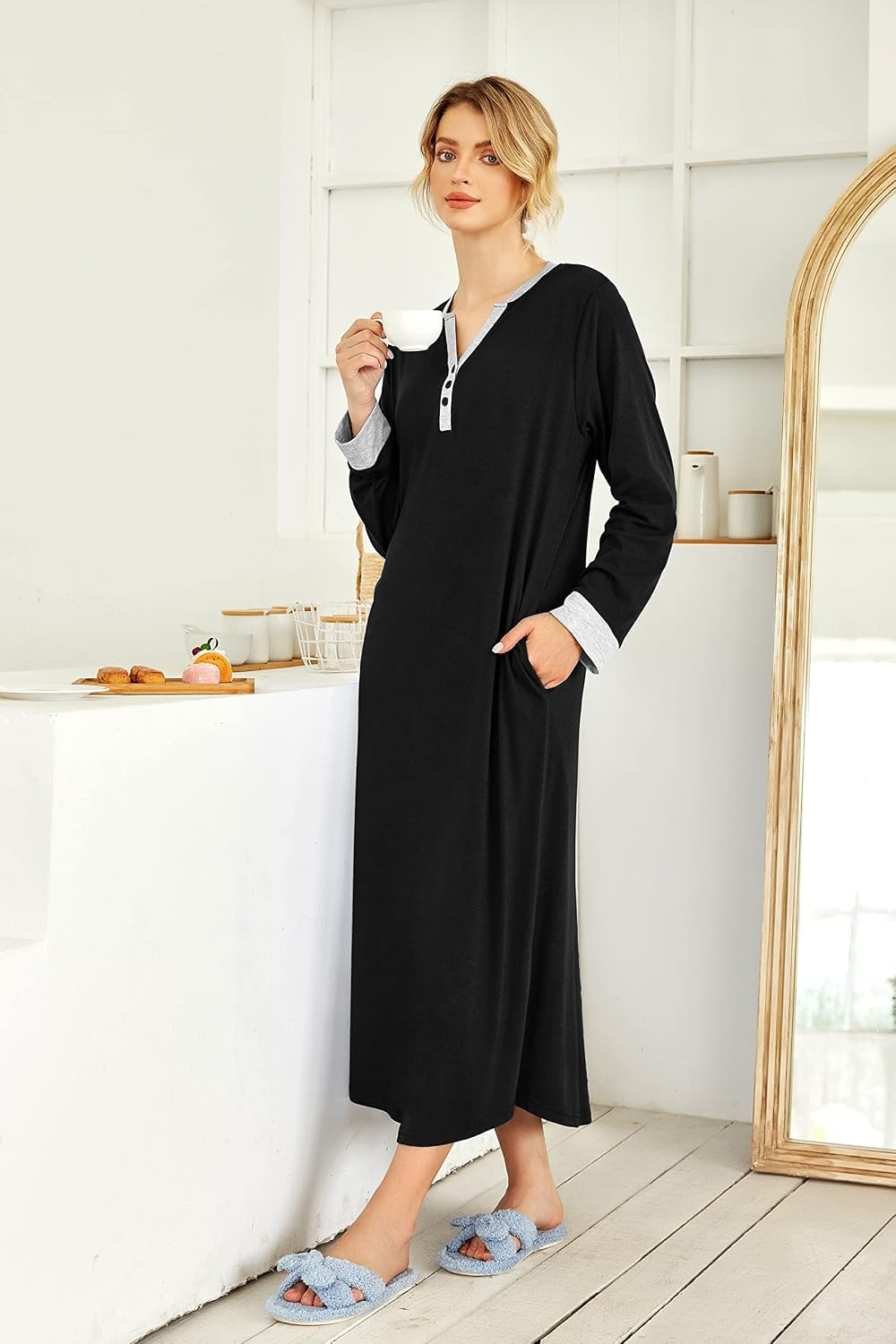image:imageEkouaer Nightgowns for Women Long Sleeve Winter Night Gown with Pockets Long Nightgown Plus Size Lounge Dress Button Down Sleepshirts V Neck Night Shirt Warm Sleepwear Full Length LoungewearBlack