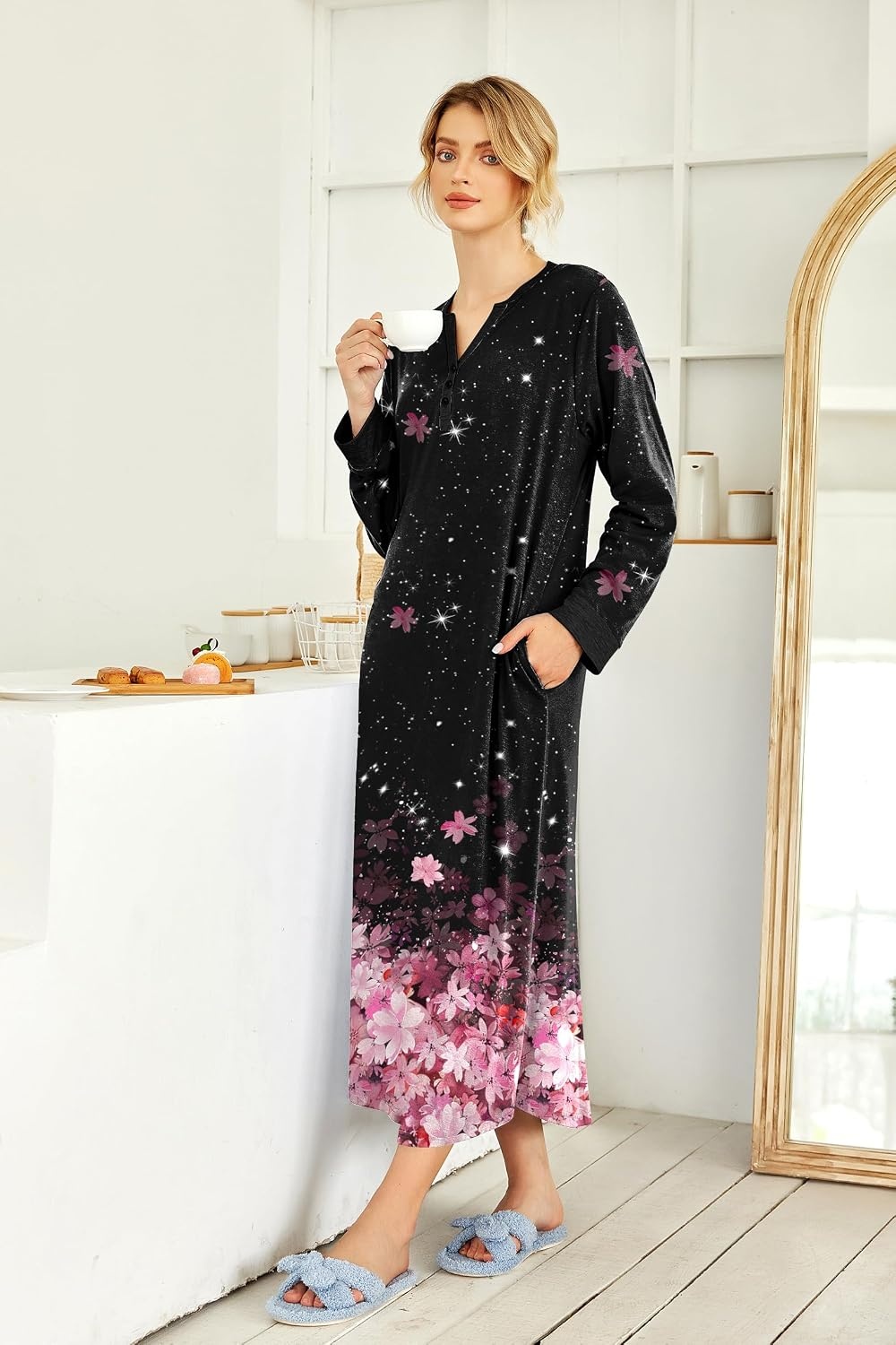 image:imageEkouaer Nightgowns for Women Long Sleeve Winter Night Gown with Pockets Long Nightgown Plus Size Lounge Dress Button Down Sleepshirts V Neck Night Shirt Warm Sleepwear Full Length LoungewearBlack Pink Flower