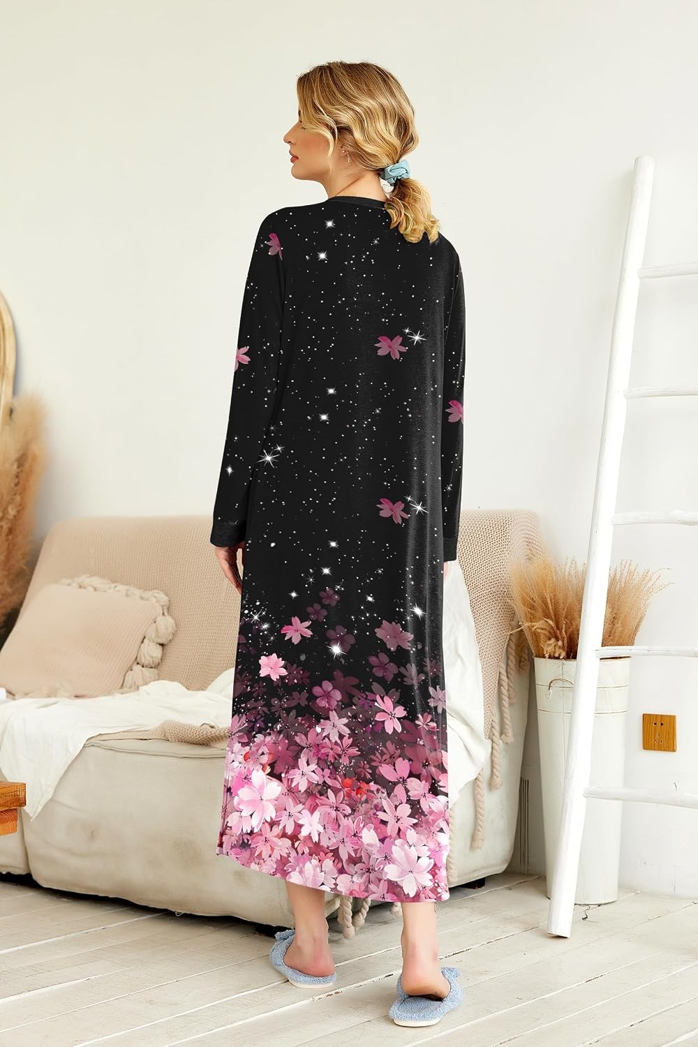 image:imageEkouaer Nightgowns for Women Long Sleeve Winter Night Gown with Pockets Long Nightgown Plus Size Lounge Dress Button Down Sleepshirts V Neck Night Shirt Warm Sleepwear Full Length LoungewearBlack Pink Flower